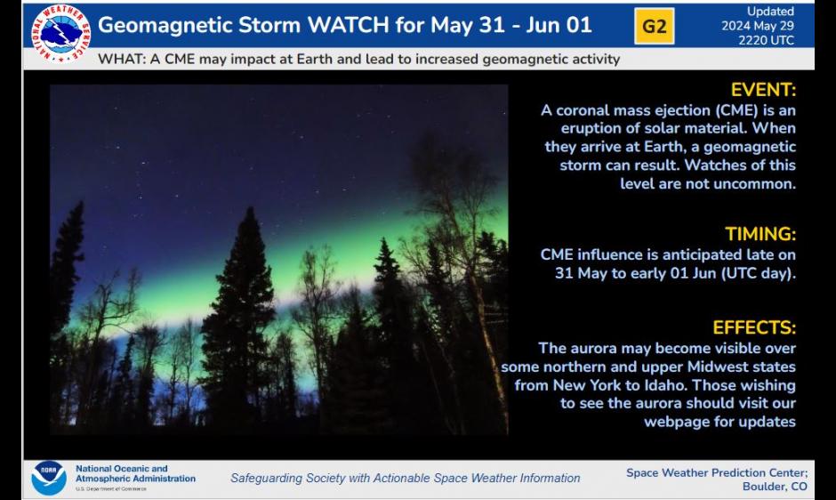 G2 Moderate Storm levels likely. Aurora in forest image. Event timing.