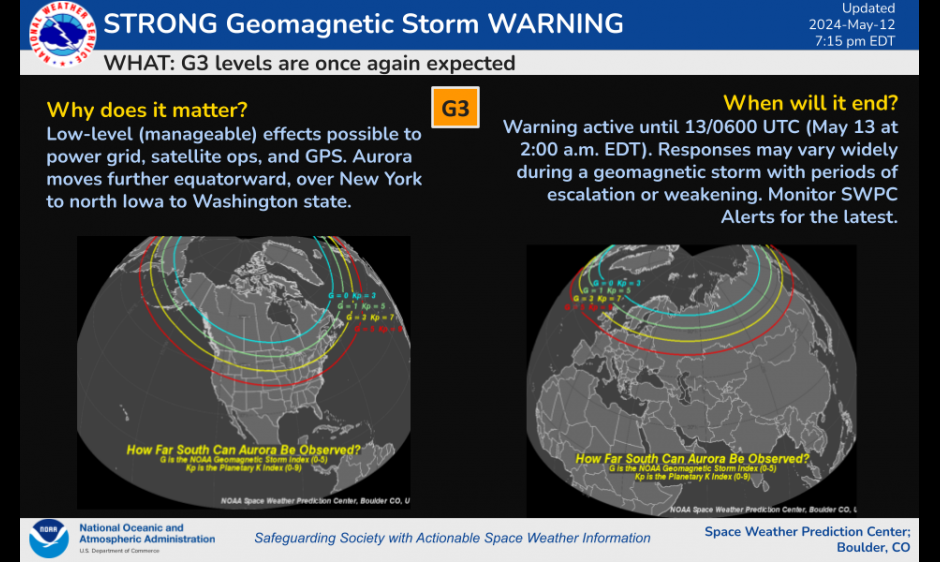 G3 Geomagnetic Storm WARNING in effect until 06 UTC on May 13 | NOAA ...